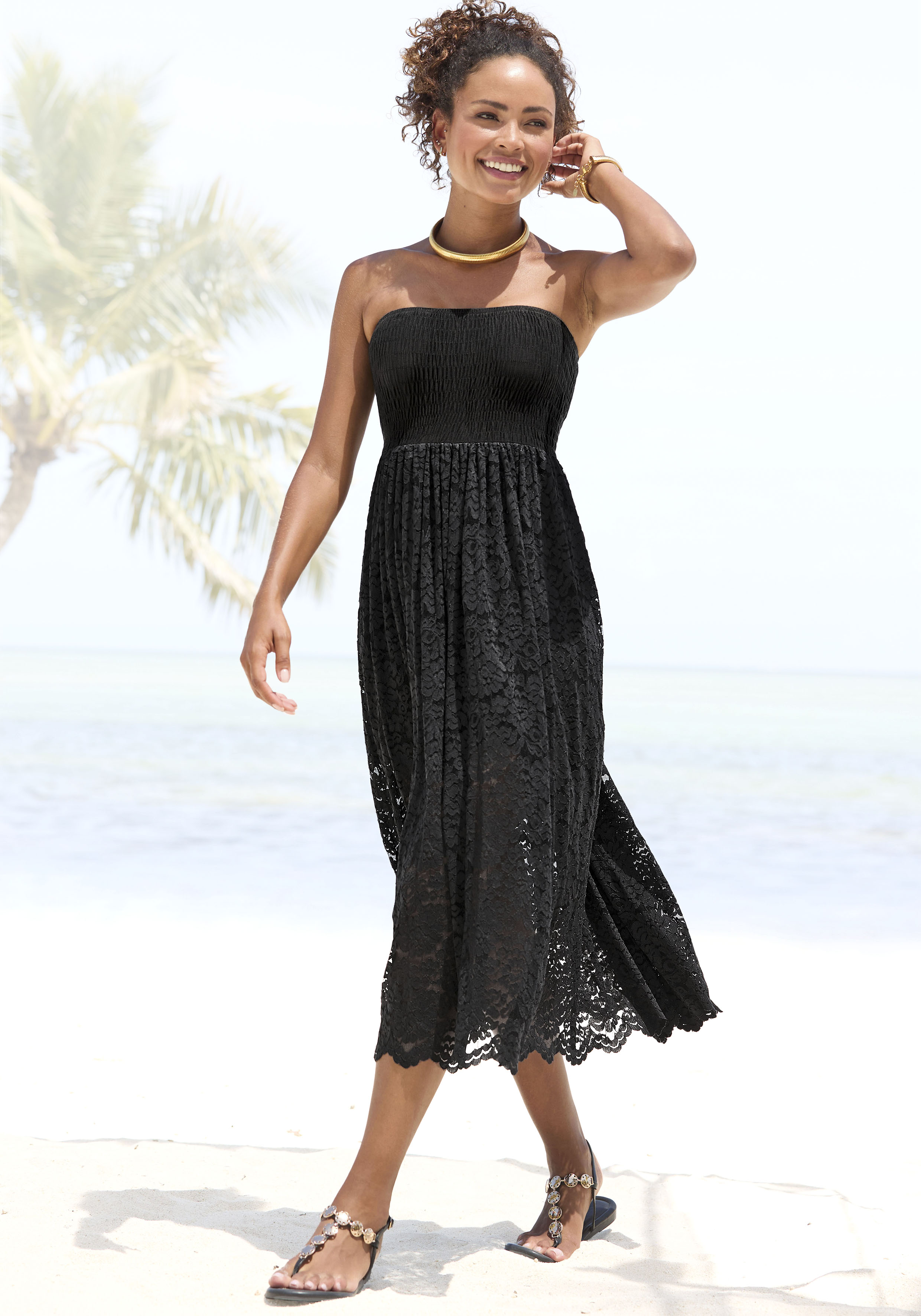 2-in-1-Kleid LASCANA, Damen, Gr. 38, N-Gr, schwarz, Spitze, Obermaterial: 95% Polyamid, 5% Elasthan. Futter: 95% Viskose, 5% Elasthan, unifarben, Modisch, lang, ohne Ausschnitt, Kleider, aus geblümter Spitze, Sommerkleid oder Maxirock, elastisch Image
