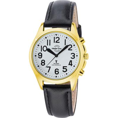 Funkuhr MASTER TIME "Sprechende Funkuhr", schwarz, Armbanduhren, Damen, Quarzuhr, Armbanduhr, Damenuhr, Lederarmband, analog Image