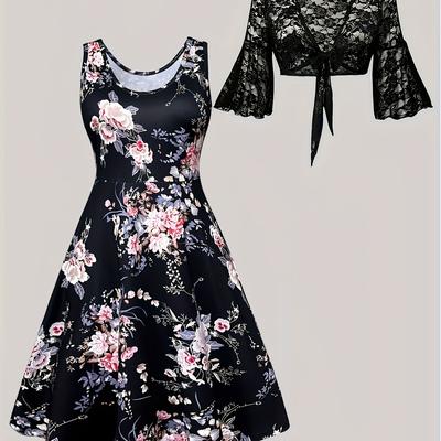 TEMU Large Size Women's Lace Jacket And Fashion Print Vest Dress Two-piece Set Image