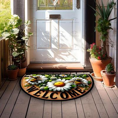 TEMU Bee & Floral Welcome Mat - Semi-circular, Polyester Mat For Indoor/outdoor Use - Living Room, Bedroom, Kitchen, Bathroom, Patio - Hand Washable Home Decor, Door Mat, Terrace Image