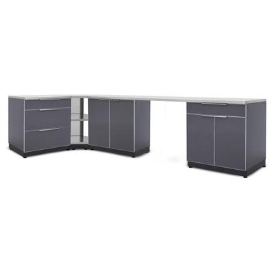 Newage Products Outdoor Kitchen Cabinets Slate Gray Aluminum 6-Piece Set With 90° Corner Shelf, Countertops + Covers