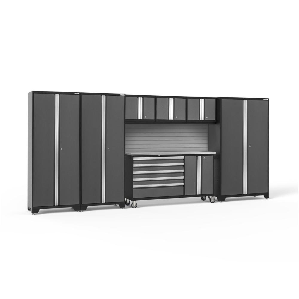 Newage Products Bold 3.0 Series 7-Piece Garage Cabinet Set With Project Center, Grey / Stainless Steel Worktop / Slatwall Backsplash
