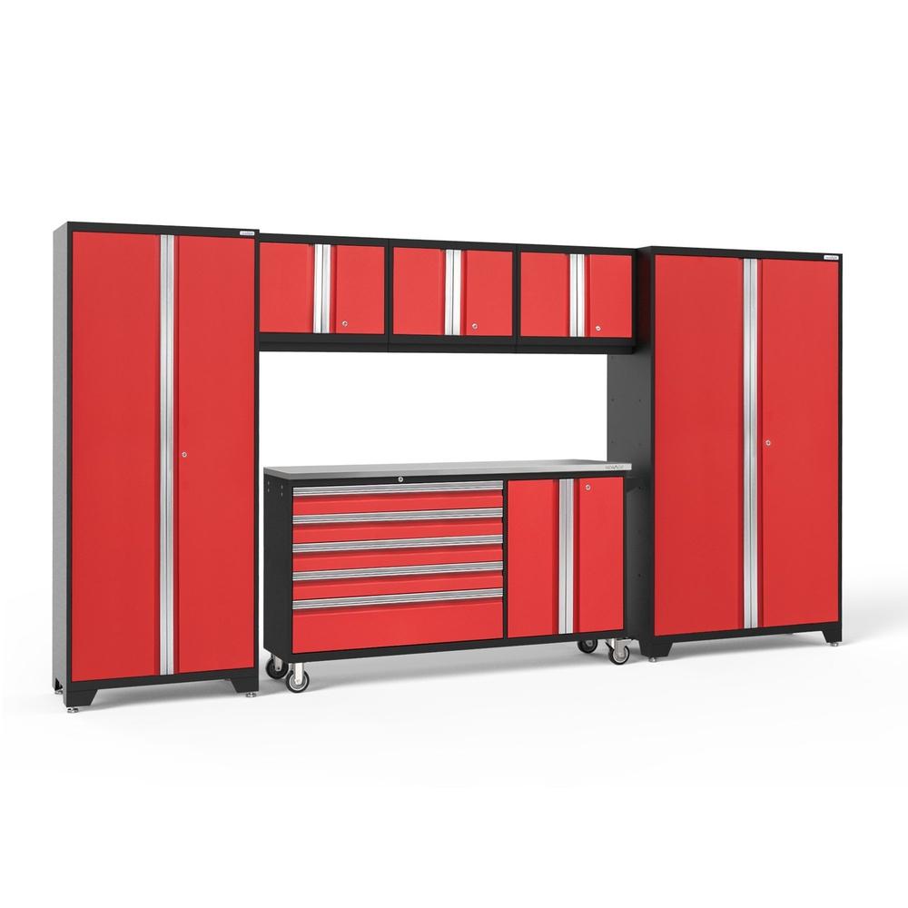 Newage Products Bold 3.0 Series 6-Piece Garage Cabinet Set With Project Center, Red / Stainless Steel Worktop / None