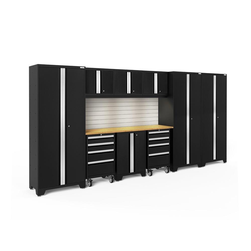Newage Products Bold 3.0 Series 10-Piece Garage Cabinet Set, Black / Bamboo Worktop / LED Lights + Slatwall Backsplash