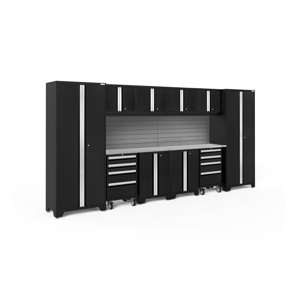 Newage Products Bold 3.0 Series 12-Piece Garage Cabinet Set With 2X Rolling Tool Cabinets, Black / Stainless Steel Worktop / Slatwall Backsplash