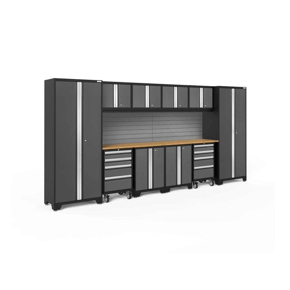 Newage Products Bold 3.0 Series 12-Piece Garage Cabinet Set With 2X Rolling Tool Cabinets, Grey / Bamboo Worktop / Slatwall Backsplash