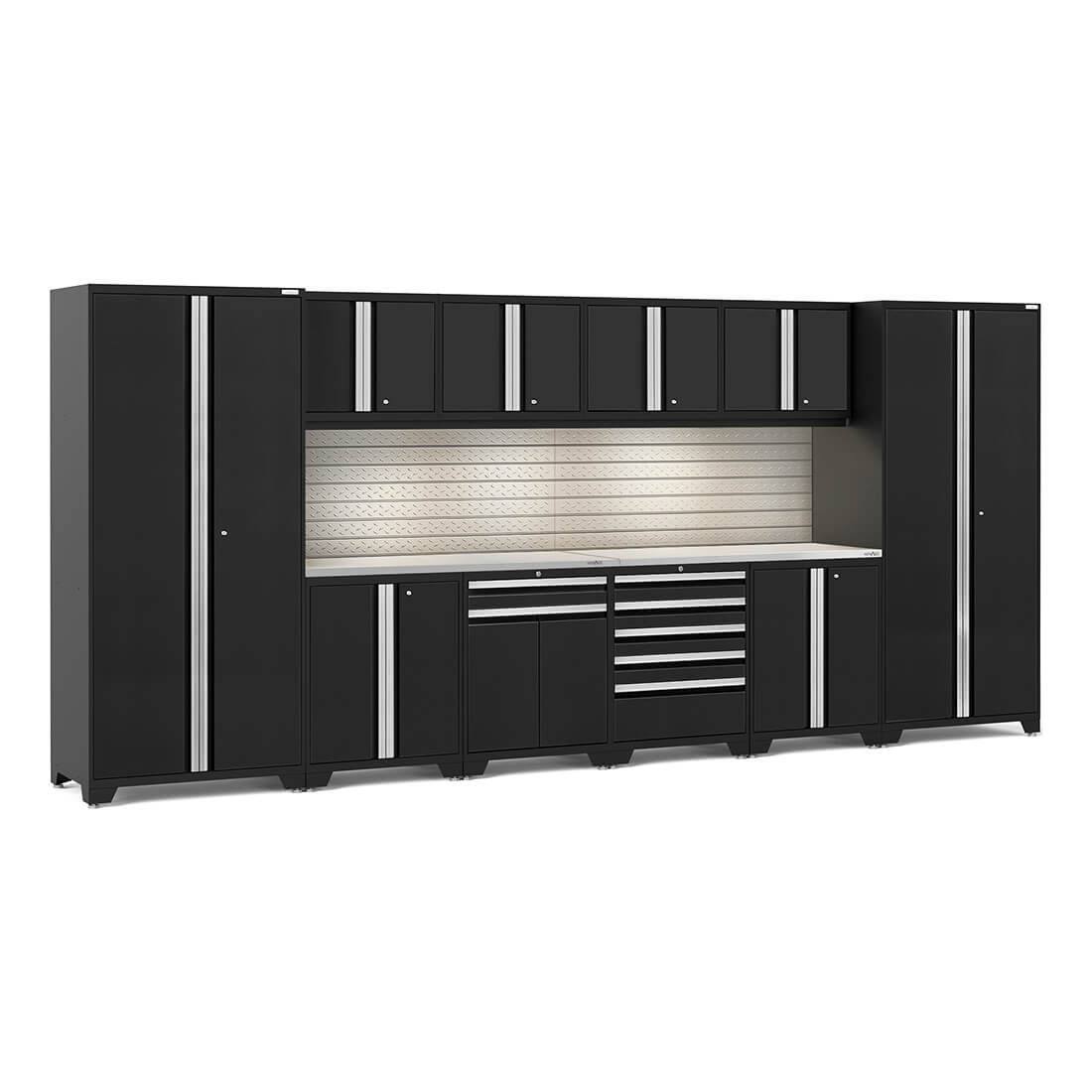 Newage Products Pro 3.0 Series 12-Piece Garage Cabinet Set, Black / Stainless Steel Worktop / LED Lights + Slatwall Backsplash