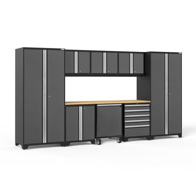 Newage Products Pro 3.0 Series 9-Piece Garage Cabinet Set With Utility Cart, Grey / Bamboo Worktop