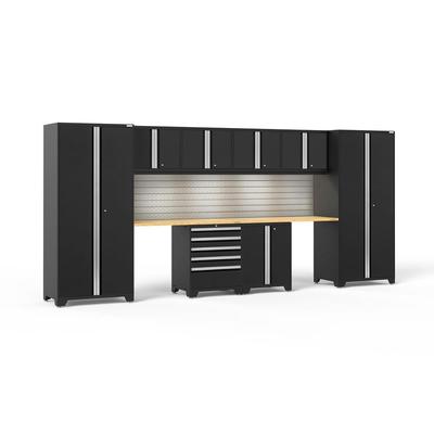 Newage Products Pro 3.0 Series 10-Piece Garage Cabinet Set With 2-Door Base Cabinet, Black / Bamboo Worktop / LED Lights + Slatwall Backsplash
