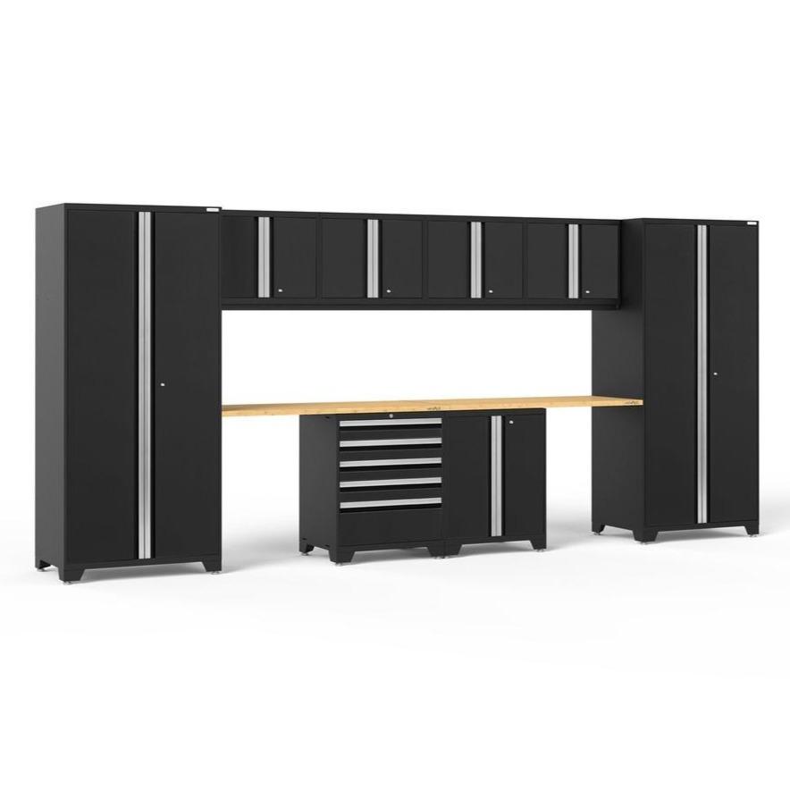 Newage Products Pro 3.0 Series 10-Piece Garage Cabinet Set With 2-Door Base Cabinet, Black / Bamboo Worktop / None