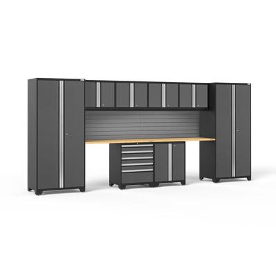 Newage Products Pro 3.0 Series 10-Piece Garage Cabinet Set With 2-Door Base Cabinet, Grey / Bamboo Worktop / Slatwall Backsplash