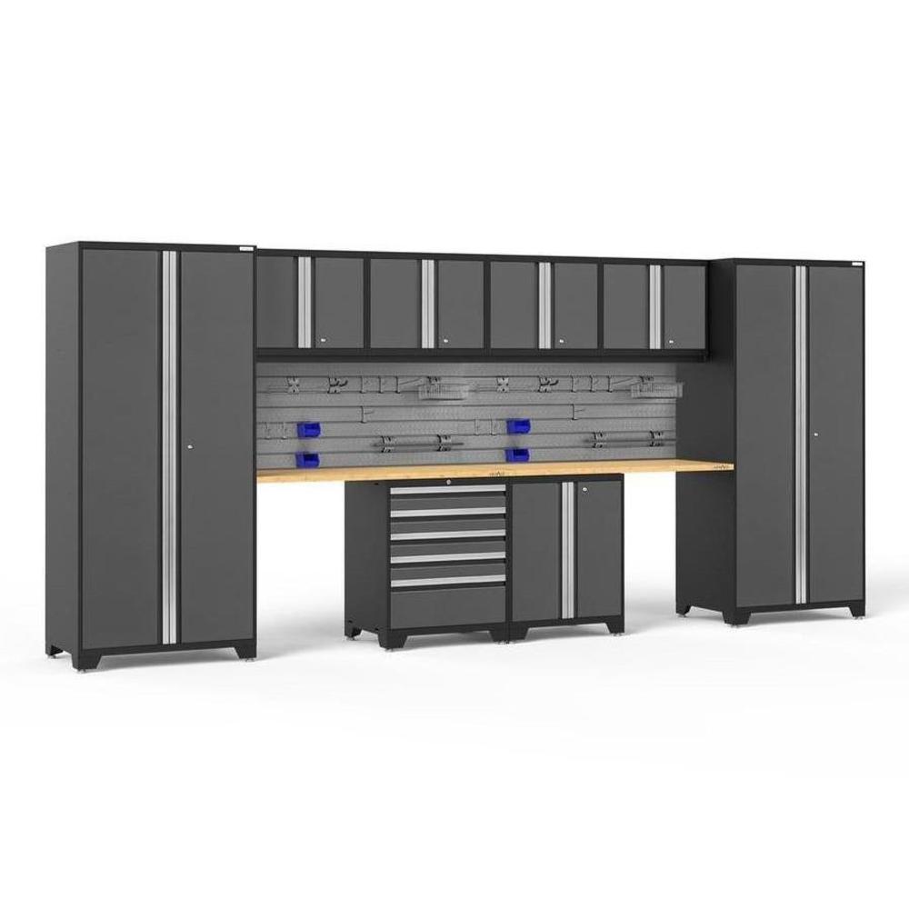 Newage Products Pro 3.0 Series 10-Piece Garage Cabinet Set With 2-Door Base Cabinet, Grey / Bamboo Worktop / Slatwall Backsplash + 12-Piece Hook Kit
