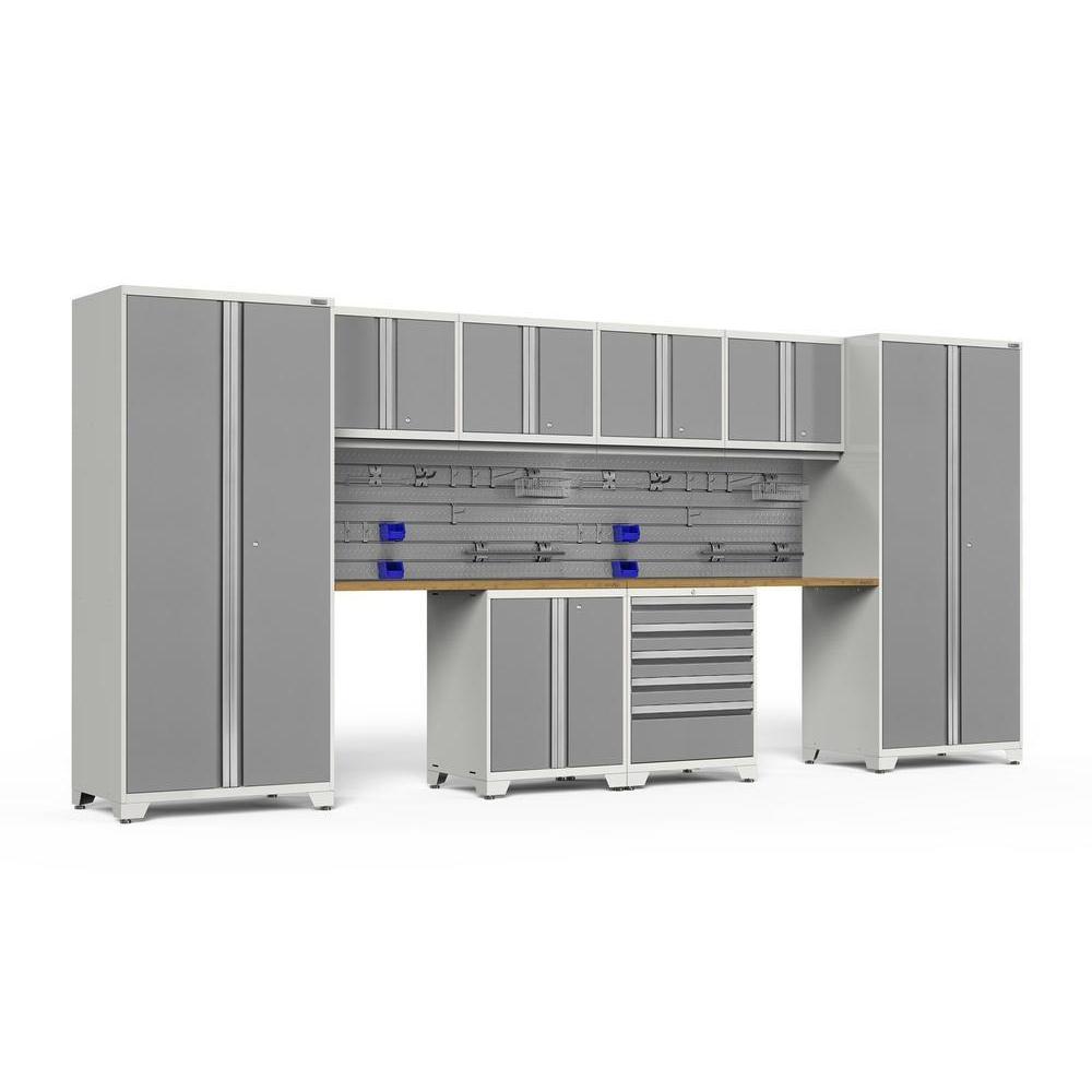 Newage Products Pro 3.0 Series 10-Piece Garage Cabinet Set With 2-Door Base Cabinet, Platinum / Bamboo Worktop / Slatwall Backsplash + 12-Piece Hook Kit