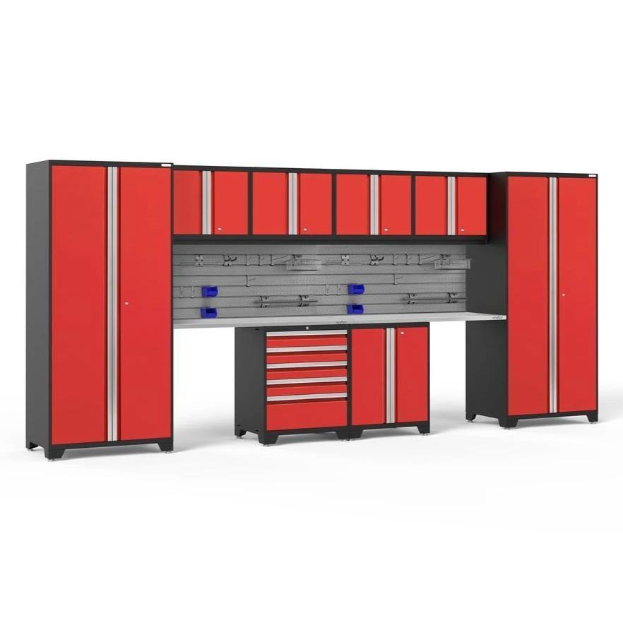 Newage Products Pro 3.0 Series 10-Piece Garage Cabinet Set With 2-Door Base Cabinet, Red / Stainless Steel Worktop / Slatwall Backsplash + 12-Piece Hook Kit
