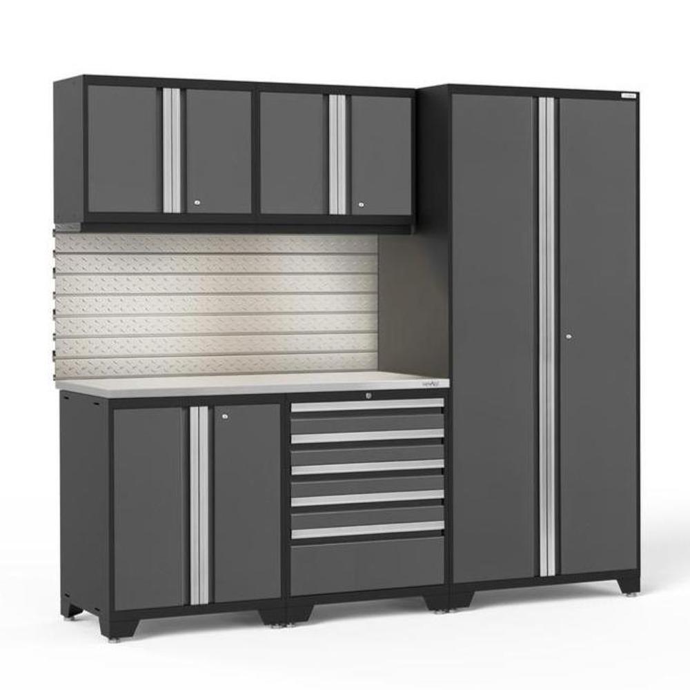 Newage Products Pro 3.0 Series 6-Piece Garage Cabinet Set, Grey / Stainless Steel Worktop / LED Lights + Slatwall Backsplash