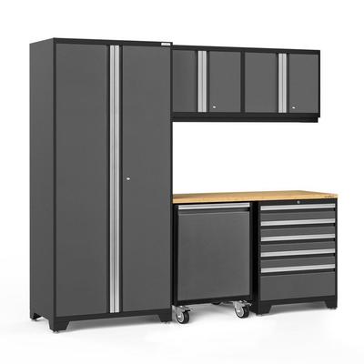Newage Products Pro 3.0 Series 6-Piece Garage Cabinet Set With Utility Cart, Grey / Bamboo Worktop
