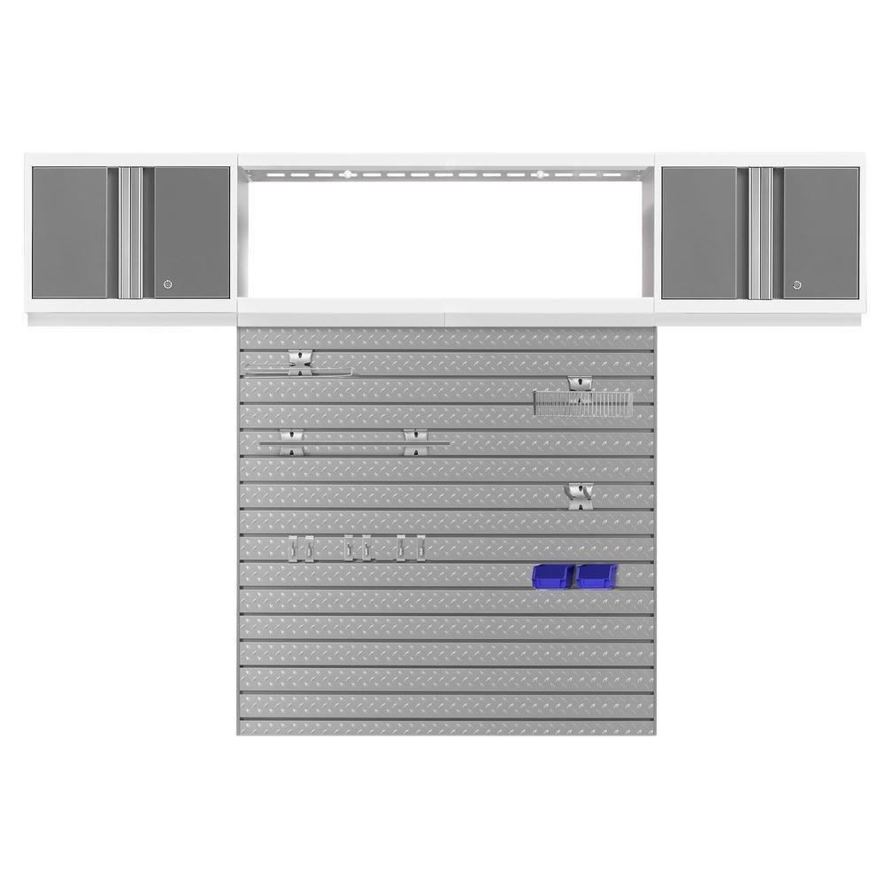 Newage Products Bold 3.0 Series 3-Piece Wall Cabinet Set With Integrated Display Shelf, Platinum / 48 / 48 x 48 Steel Slatwall + 12-Piece Hook Kit