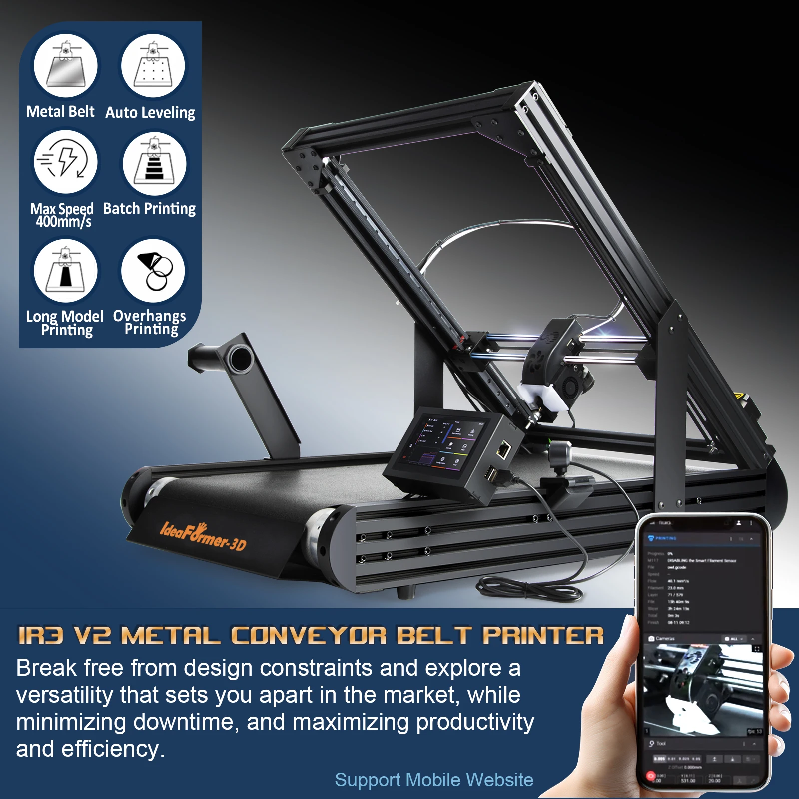 2025 IdeaFormer IR3 V2 Infinite Z-Achsen-Stahlförderband 250 × 250 × 51 mm Klipper-Firmware Schneller Druck Automatische Nivellierung 3D-Drucker Image