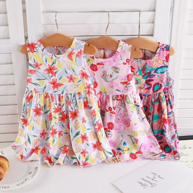 Neues Tsumugi Mädchen ärmelloses Kleid Sommer Blumendruck Baby Prinzessin Strandkleid Kleinkind Sonnenblume rückenfrei Party Casual Outfit Image