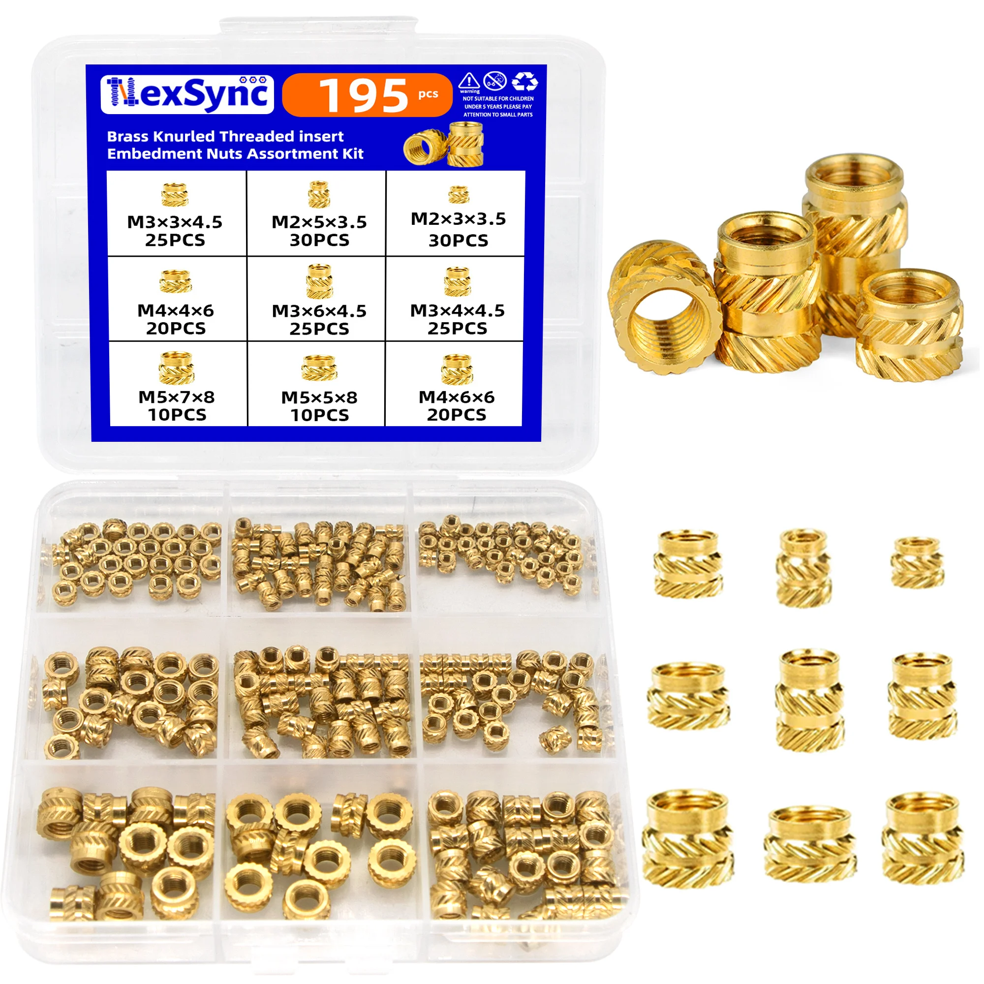 195 stücke Messing gerändelt Gewinde Einst eck muttern Sortiment Kit m2 m3 m4 m5 Image