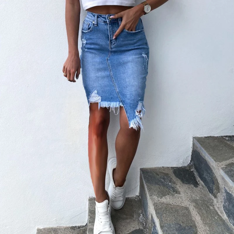 Weibliche hohe Taille Mode gerade Röcke Mädchen elegant zerrissen Mini kleid Frauen unregelmäßig hellblau blau weites Bein Shorts Röcke