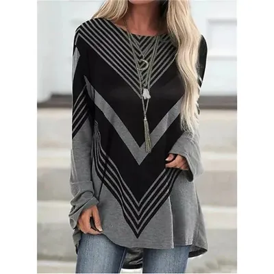 Fashion Woman Tshirt Geometric Pattern 3d Print Oversized Long Sleeve T-shirt Women Long Striped Tops Tees Lady Tunics Clothes
