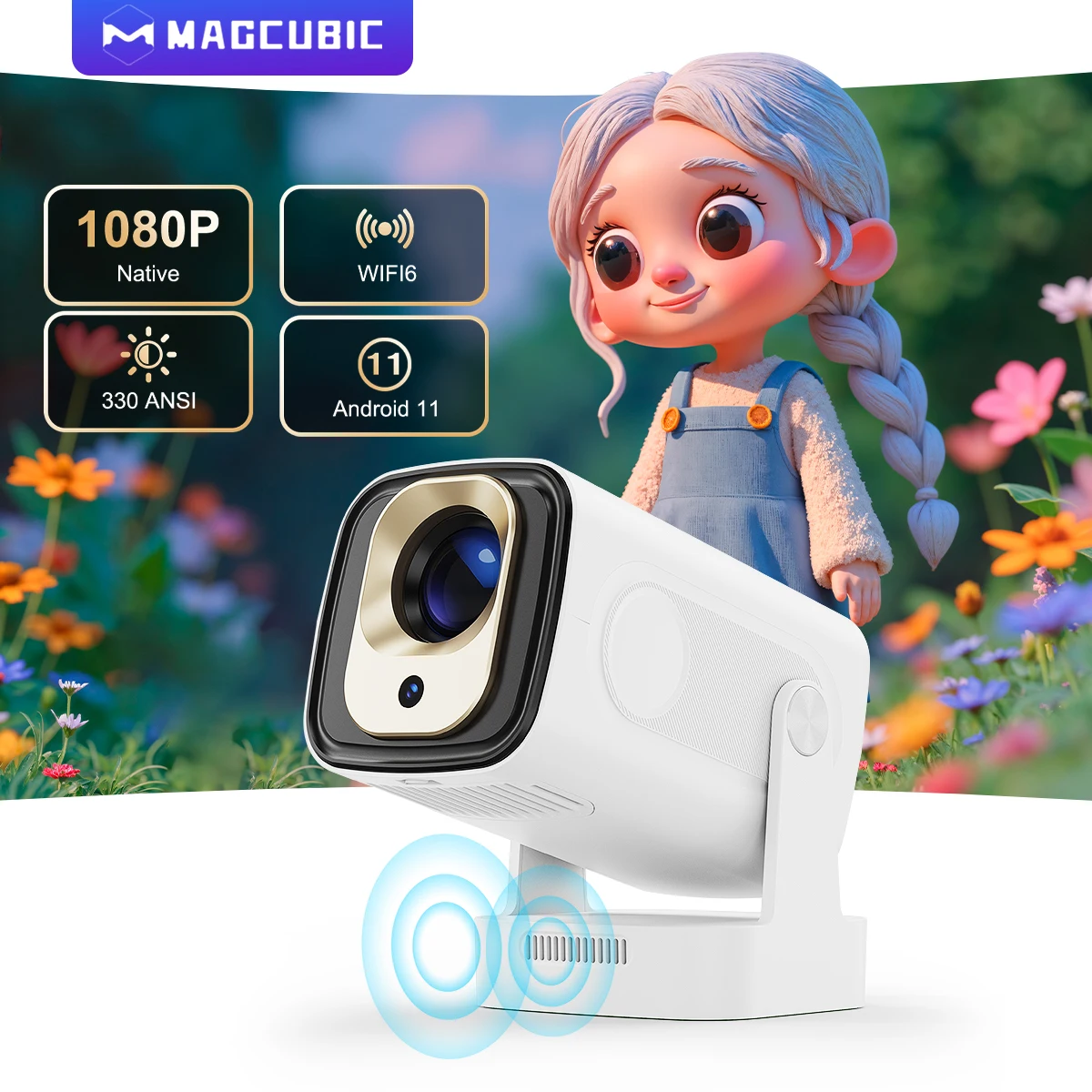 Magcubic HY310 Mini projecteur à mise au point automatique natif 1080P 330ANSI 4K Android 11 avec Wifi6 BT5.4 Air Mouse voix vidéo film extérieur