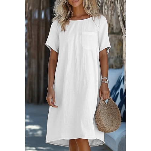 Damen Minikleid Leinenmischung Shiftkleid Baumwoll-Leinen-Kleider Mode Klassisch Modern Täglich Ausgehen Wochenende Normale Passform Einfach Kurzarm Rundhalsausschnitt Weiß Rosa Leicht Blau Sommer Image