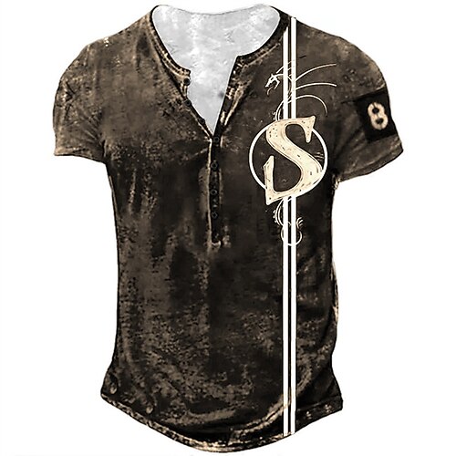 Herren Drache Letter 'S' T Shirt Henley Hemd Kurzarm Sport Mode Designer Täglich Outdoor Straße Sommer Dunkelgrün Dunkelbraun Schwarz Grau Henley Henley T-Shirt Image