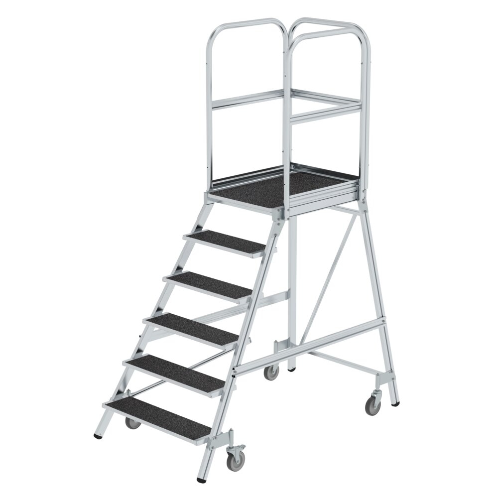 PROREGAL Podesttreppe einseitig begehbar mit Federrollen | Korundbeschichtung R13 | 6 Stufen | Rutschsichere Leiterschuhe Image