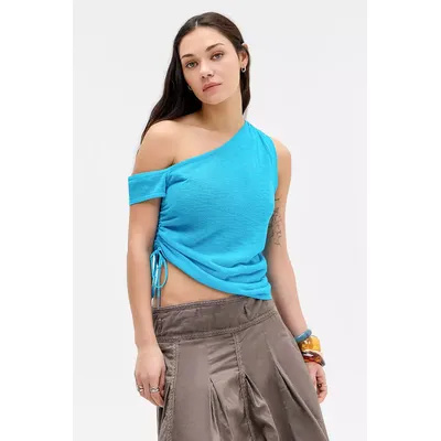 UO Sheer Asymmetric Top - Blue XS at Urban Outfitters