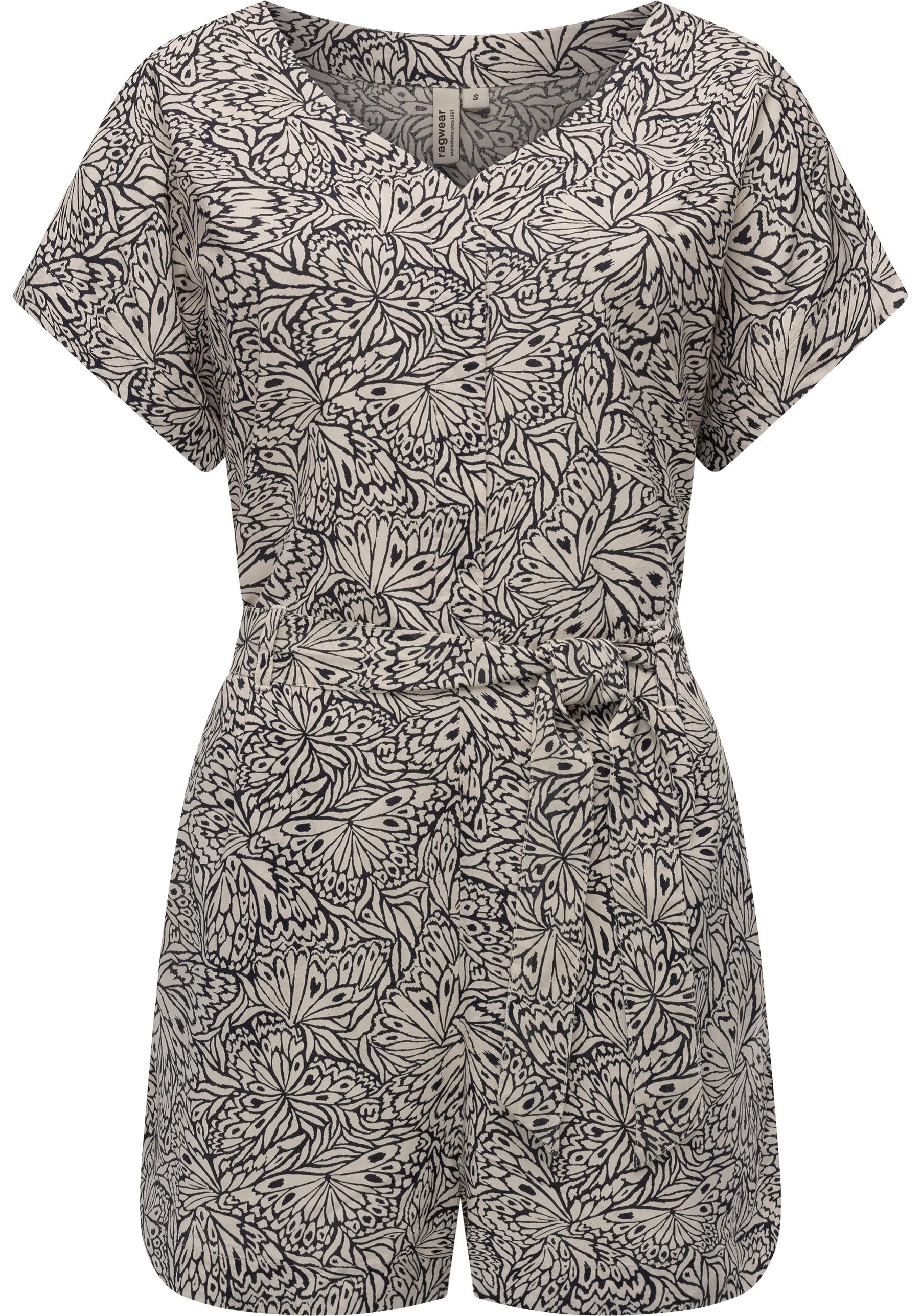 Jumpsuit RAGWEAR "Salwin", Damen, Gr. L (40), Normalgrößen, beige (ecru), Material: 100% Viskose, gerade ca. Mitte Oberschenkel, V-Ausschnitt, weit abgesteppte Kante, Overalls Jumpsuit, Kurzer Overall mit Taillen-Bindeband