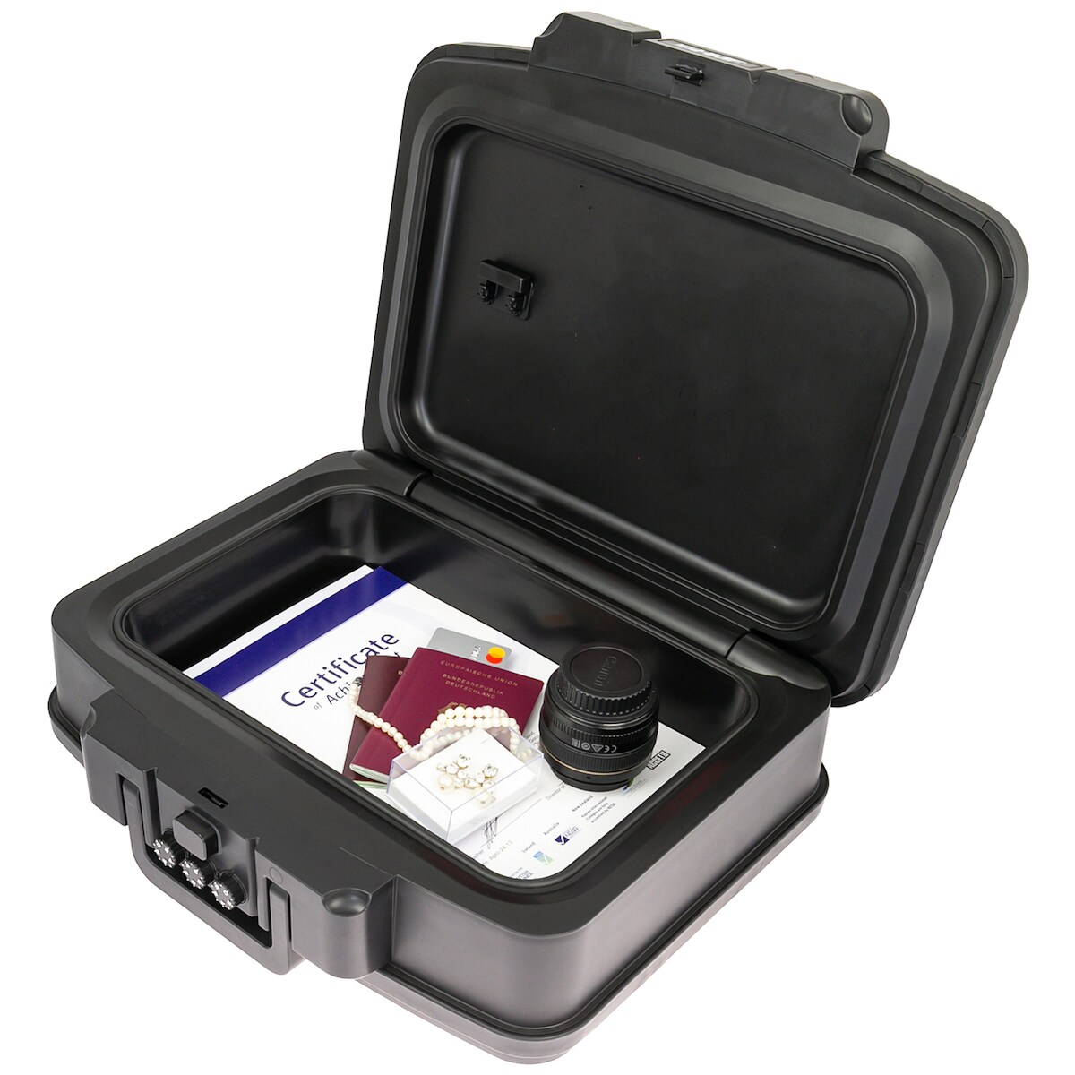 HMF 250437 Feuerfeste wasserdichte Dokumentenbox mit Zahlenschloss, DIN A4, 44,5 x 16,5 x 33 cm, Schwarz Image