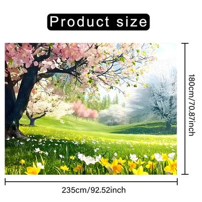 TEMU 1pc Spring Backdrop Banner, Polyester Flowering Trees And Photography Background, Reusable Wall Decor For Birthday, Anniversary, Indoor Image