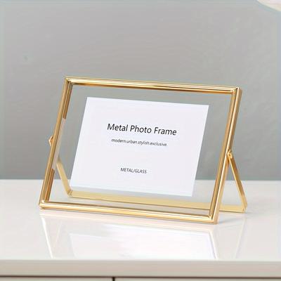 TEMU [popular ] Elegant Golden Floating Photo Frame - Modern Metallic Glass Display For Desktop, Living Room, Office, Or Wedding Decor, Gift, Horizontal Display, Image