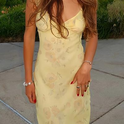 TEMU Elegant Floral Print V-neck Backless Maxi Cami Dress For Women - Yellow Sleeveless Style Long Dress With Spaghetti Straps, Lightweight Polyester Blend, Casual Or Evening Wear, Image