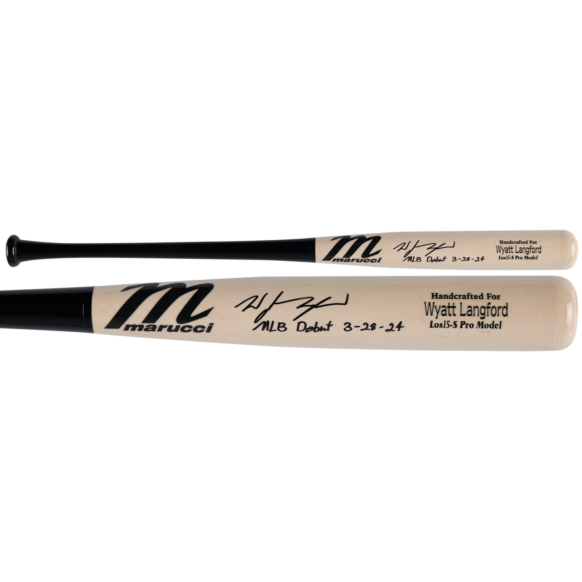 "Von Wyatt Langford, Texas Rangers, signierter Marucci Pro Model-Schläger mit der Aufschrift „MLB Debut 3-28-24“" Image