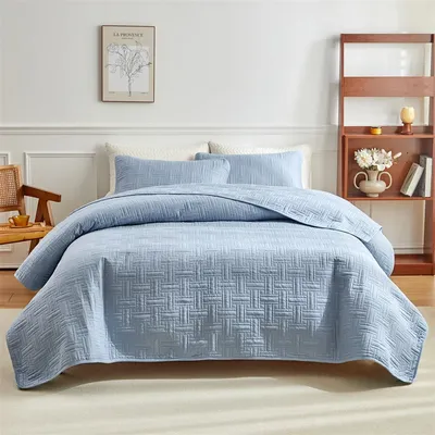 Modern Blue Quilted Bedspread Set,Wheat Stripe Washed Cotton,Thick Bed Cover+Pillowcase,Plain,Full 264x229cm, 3Pcs Drop Shipping