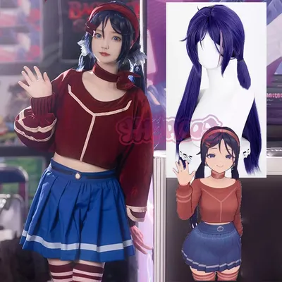 Anime MiSide Crazy Mita Cosplay Kostüm Perücke Kleid Rock Uniform Kopfbedeckung Rote Haarnadeln Image