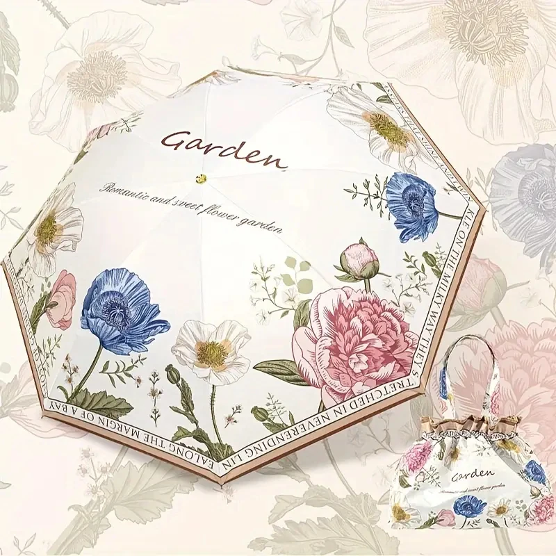 Doppelschichtiger faltbarer Regenschirm mit Blumenmuster, UPF50+, Sonnenschirm, Regenschirm, UV-Schutz, Vinylbeschichtung, Sonnenschirm, Sonnenschirm Image