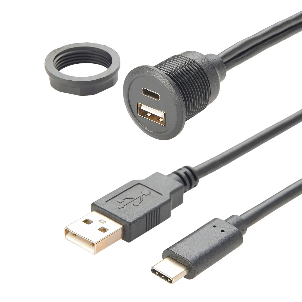 Dual-Port USB-C & USB 2.0 A Stecker auf Buchse Verlängerungskabel, Einbau-USB-Typ-A-Typ-C Daten- & Ladekabel für Auto Image
