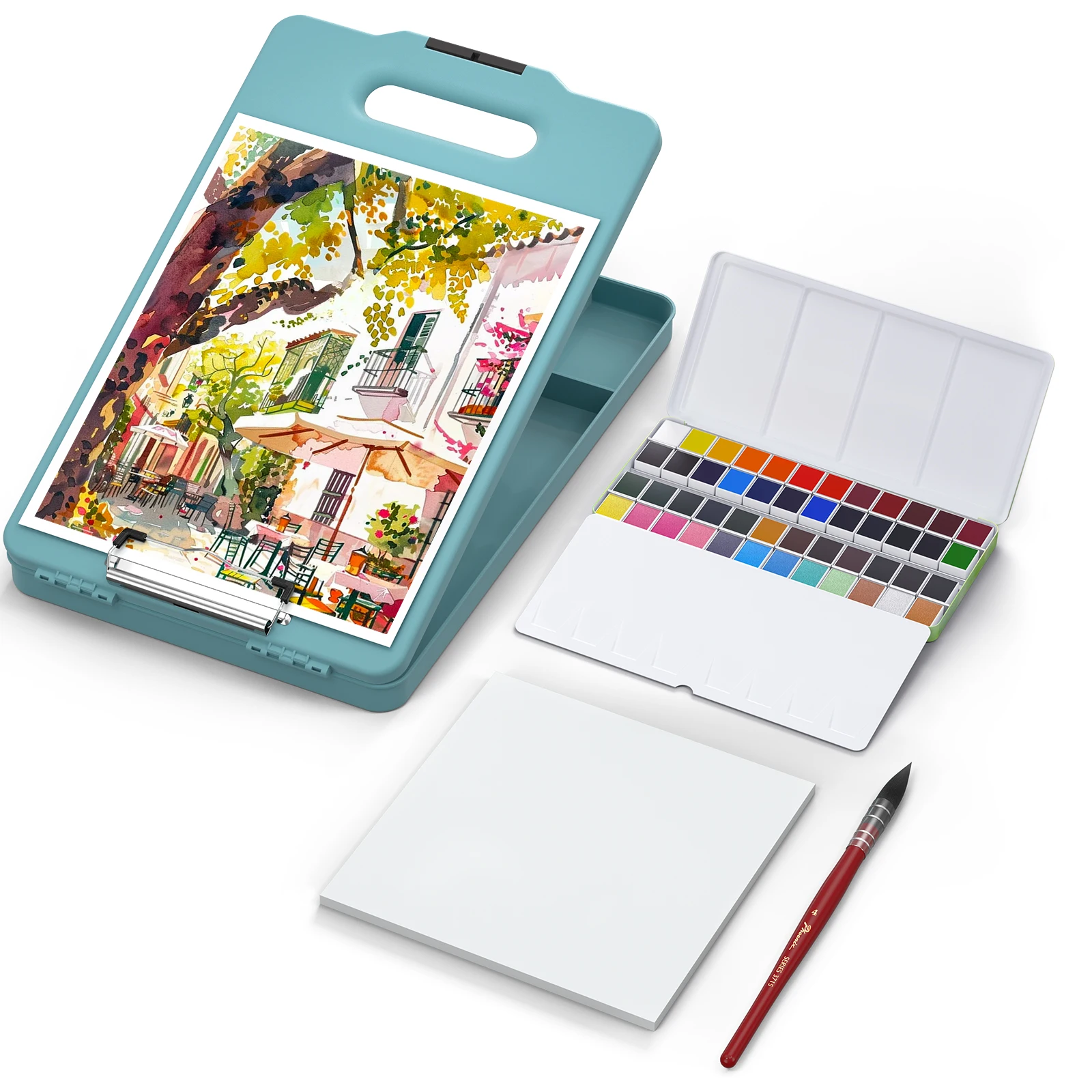 MeiLiang Reise-Aquarellfarben-Set, Aquarell-Set inklusive 48 Farben Aquarellfarben + Aquarellpapier (20 Blatt) + Pinsel Image