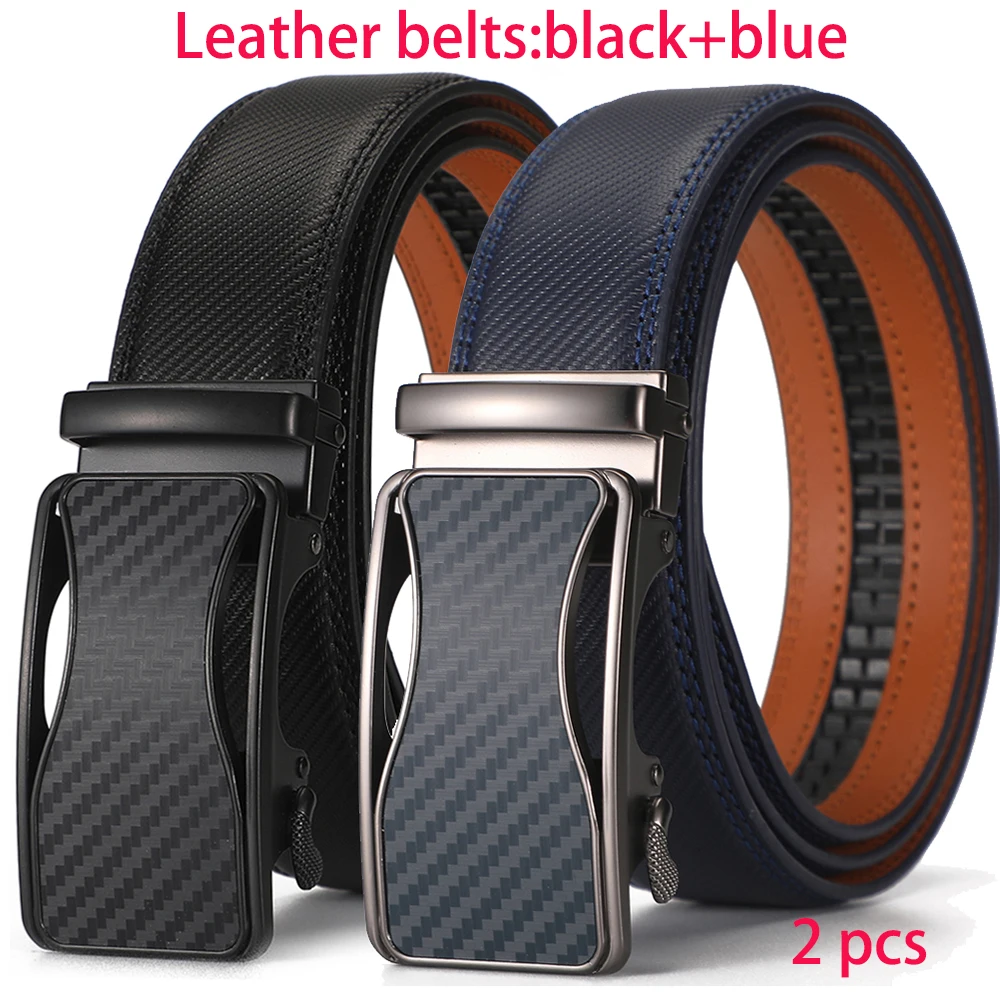 2PCS Set Schwarz & Blau Leder Gürtel für Männer Automatische Schnalle männer Rindsleder Gürtel Männlichen Mode Ratsche gürtel für Hose Business Geschenk