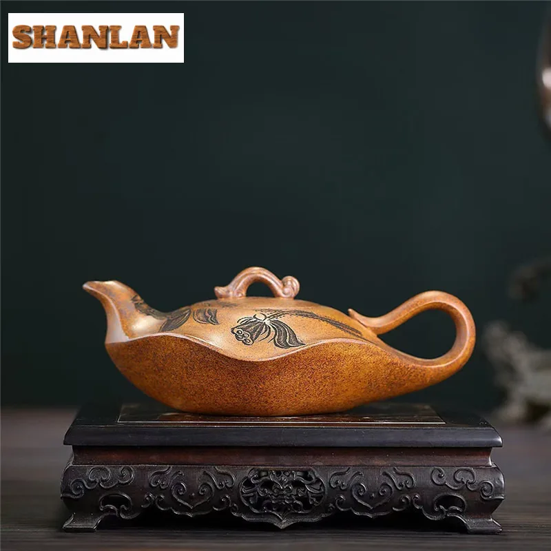 420 ml alte Yixing lila Ton Teekannen handgemachte Lotusblatt Topf rohes Erz Kiel Gold Sand Schlamm Wasserkocher Zisha Tee-Set liefert Geschenk Image