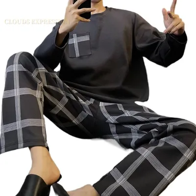 Frühling Herbst Gestrickte Pjs Volle länge männer Pyjama Sets Männlichen Pyjamas Plaid Loungewear Image