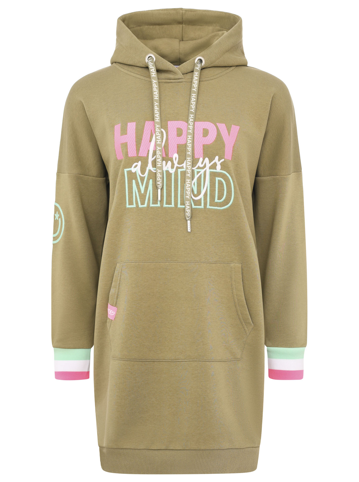 Sweatkleid ZWILLINGSHERZ ""Always Happy Mind"", Damen, Gr. L/XL (L/XL), N-Gr, grün (olive), Sweatware, Obermaterial: 50% Baumwolle, 50% Polyester, unifarben mit Farbeinsatz, comfort fit ca. Mitte Oberschenkel, V-Ausschnitt, Kleider Sweatkleid, mit...