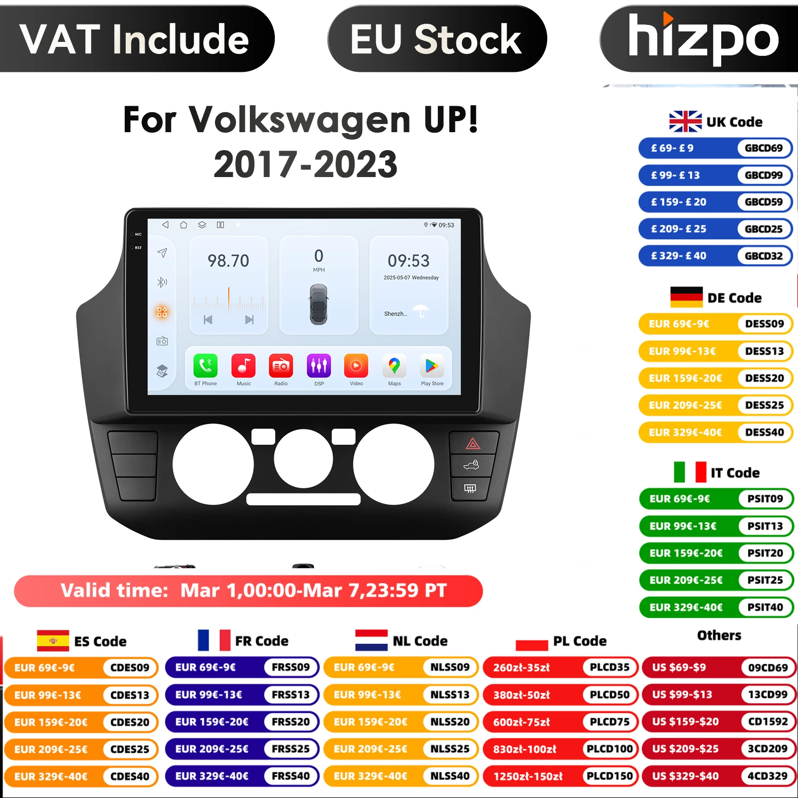 Hizpo auto intelligente systeme carplay android autoradio für volkswagen up! 2020-2021 up Handbuch A/C Multimedia-Video-Player WiFi Image