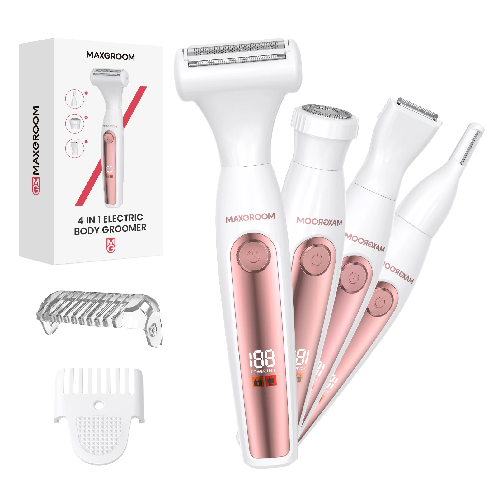 MAXGROOM 4-in-1-Elektrorasierer für Frauen, Bikini-Trimmer, Gesichts-Schnurrbart-Rasierer, Körper, Achselhöhlen, Beine, tragbarer schmerzloser Epilierer Image