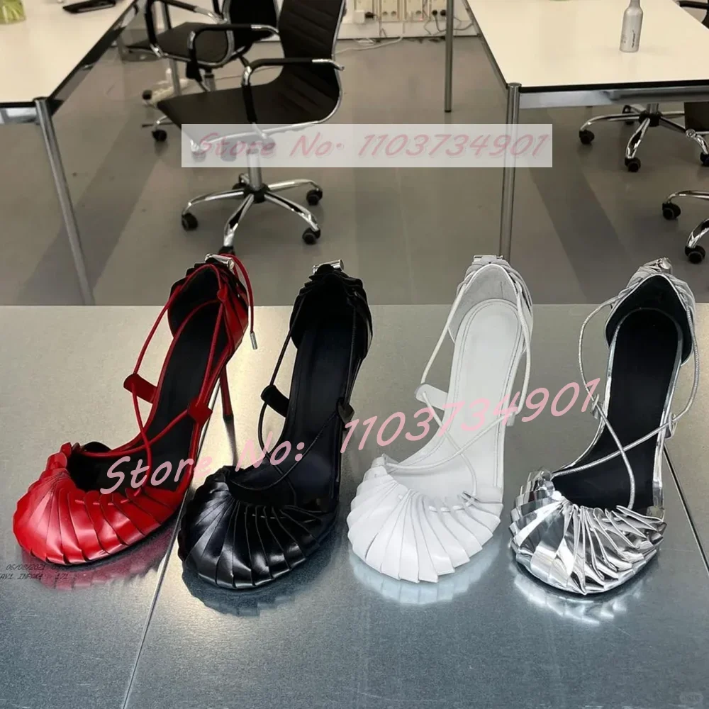 Origami Round Toe Lace Up Mirrored Sandalen Damen Neuheit Chic Fächerförmige Plissee High Heels Schuhe Lady Trendy Classy Party Sandalen Image