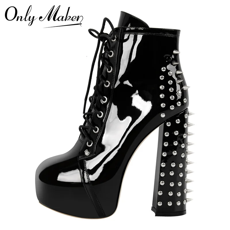 Onlymaker Damen-Stiefeletten mit Plateau-Nieten, Metallschnallen, Schnürung, klobiger Absatz, große Größe, Punk-Stiefel mit Blockabsatz